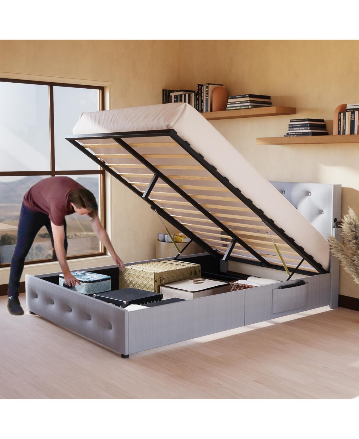 Simplie Fun Full-Size Bed Frame with Storage, Usb Ports, Modern Wingback Headboard