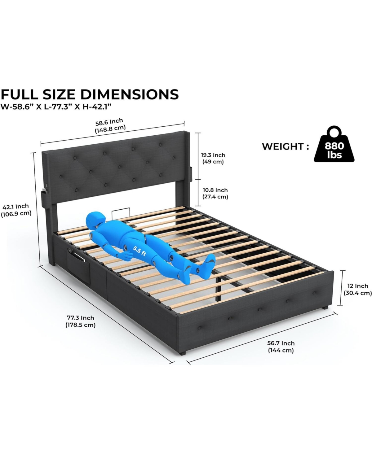 Streamdale Furniture Full-Size Bed Frame with Storage, Usb Ports, Modern Wingback Headboard