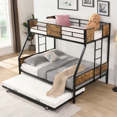 Twin Over Full Bunk Bed with Trundle, Guardrails, Storage