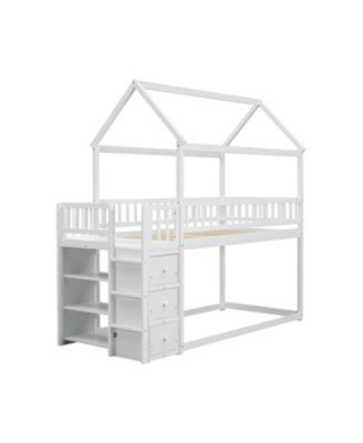Twin House Bunk Bed with Shelves, Drawers, and Playful Roof Design