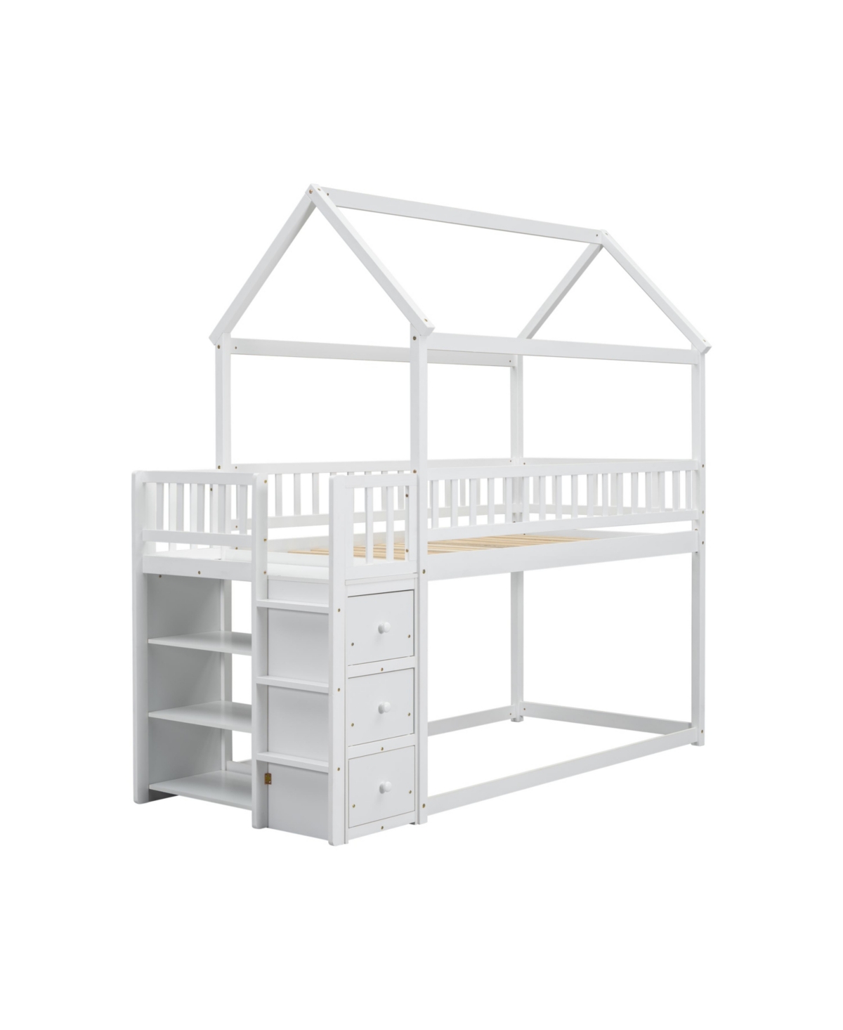 Simplie Fun Twin House Bunk Bed with Shelves, Drawers, and Playful Roof Design