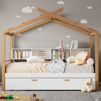 Twin House Bed with Trundle & Bookshelves
