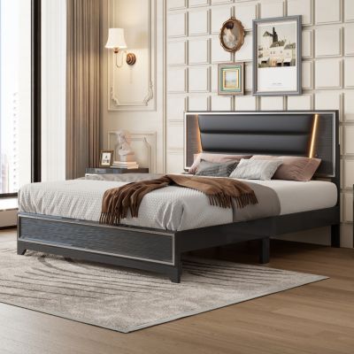 Streamdale Queen Size Upholstered Bed with LED Lights and Sparkling Decor