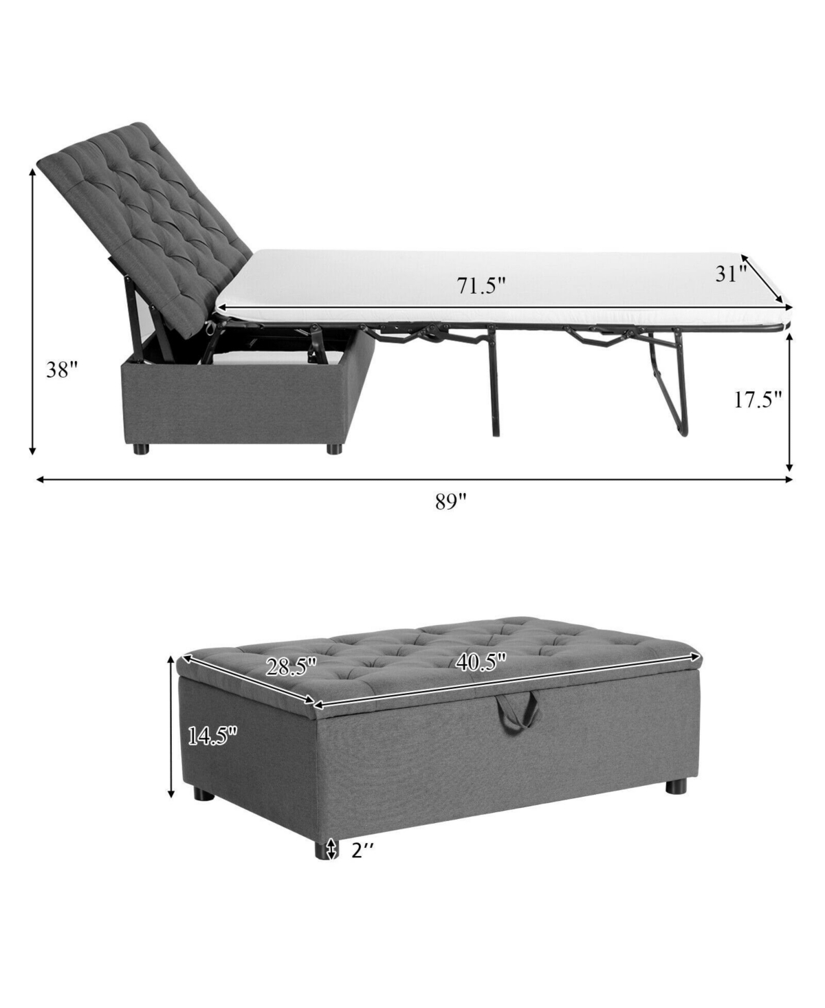 Slickblue Folding Ottoman Sleeper Bed with Mattress for Guest Bed and Office Nap- Grey