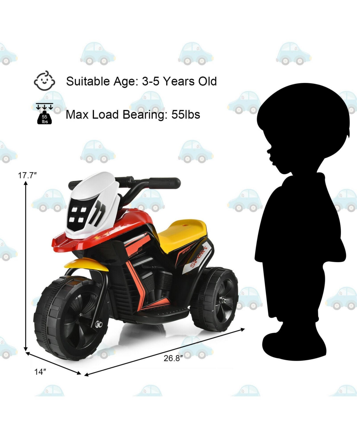 Slickblue 6V 3-Wheel Electric Ride-On Toy Motorcycle Trike with Music and Horn - Red, Yellow