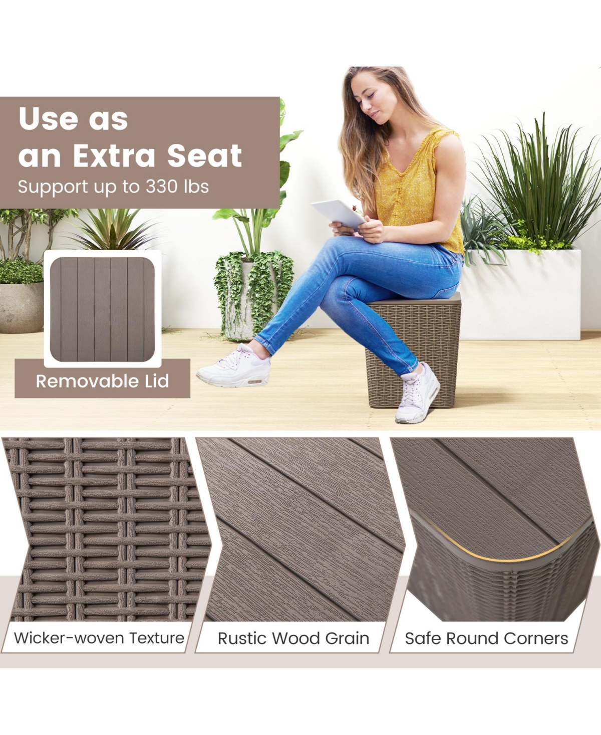 Slickblue Outdoor Resin Storage Side Table with Removable Lid and Wicker-woven Accent