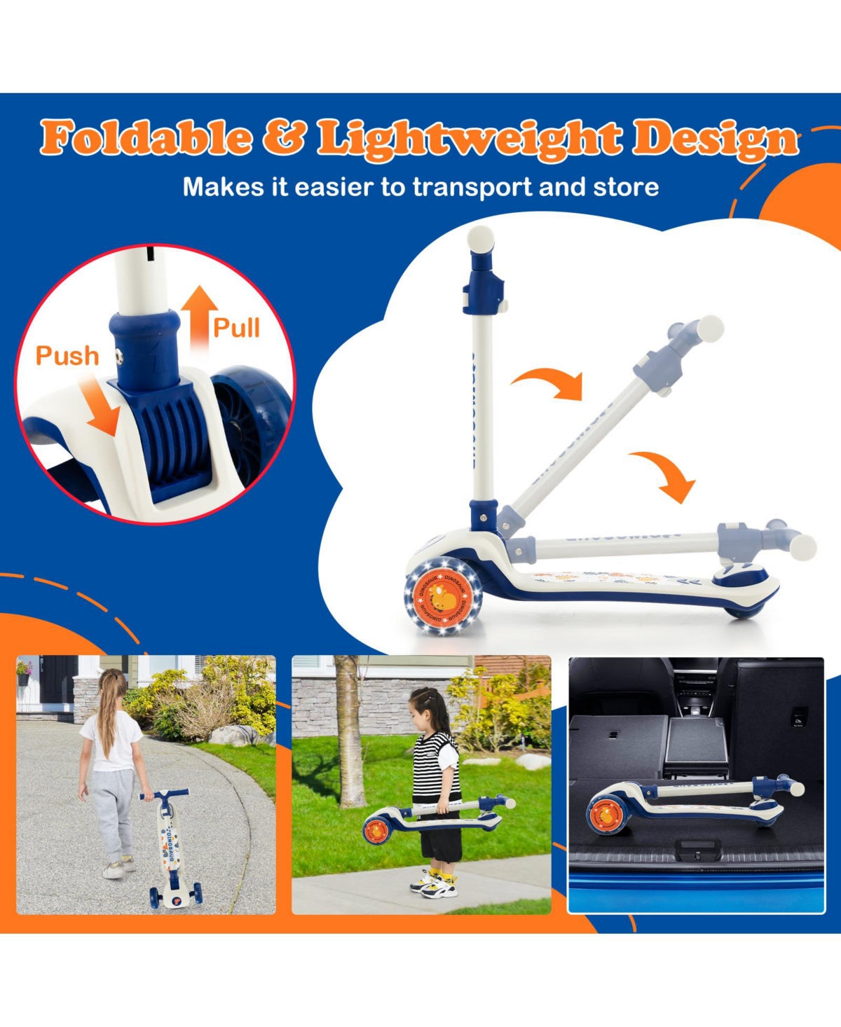 Slickblue Folding Kids Scooter with Extra Wide Deck and Led Lighted Pu Wheels