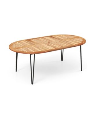 79 Inch Oval Patio Dining Table with Umbrella Hole and Acacia Wood Tabletop for 8 People