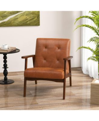 Mid Century Modern Accent Chair with Solid Rubber Wood Frame and Leather Cover-Brown