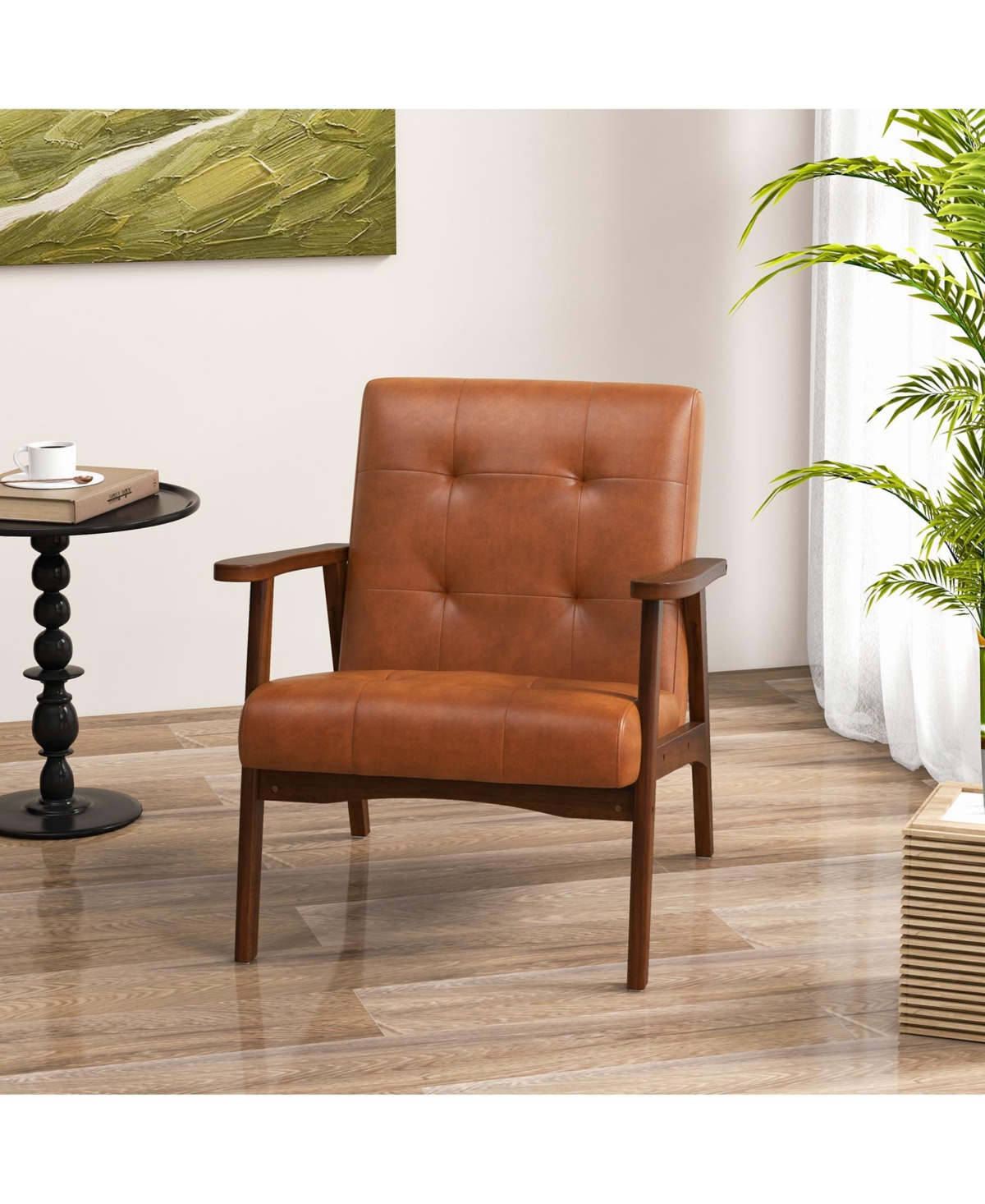 Mid Century Modern Accent Chair with Solid Rubber Wood Frame and Leather Cover-Brown