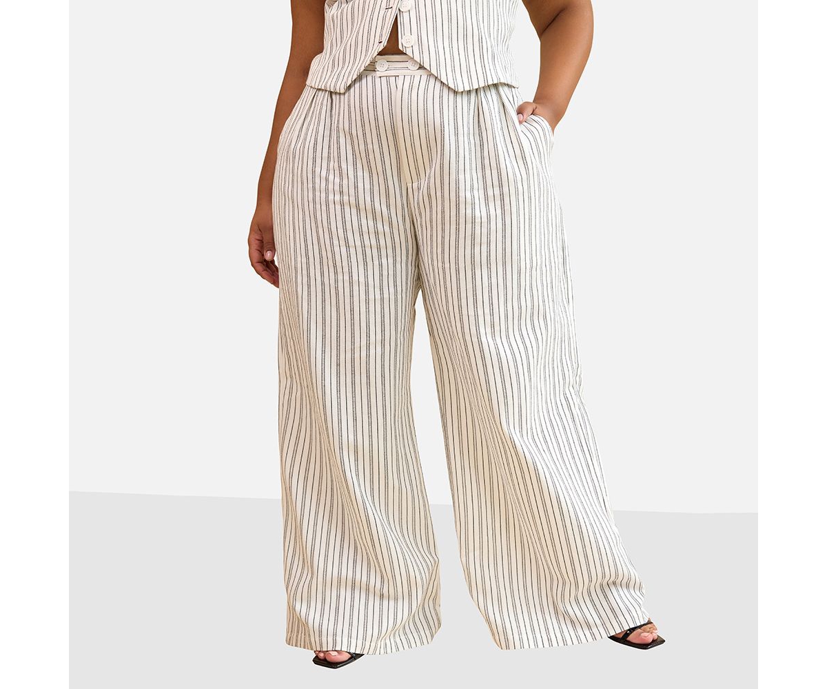 Plus Size Tillie Stripe Wide Leg Pants W. Pockets - White