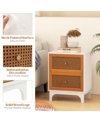 Boho Accent Table Nightstand with 2 Handwoven Rattan Decorated Drawers-White