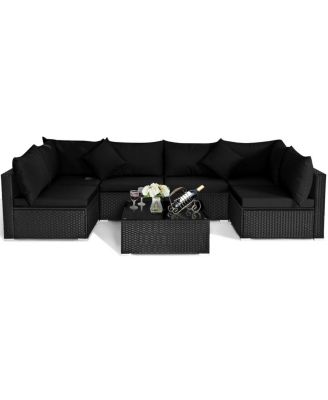 7 Pieces Outdoor Sectional Wicker Patio Furniture Sofa Set with Tempered Glass Top and Softy Cushions-Black