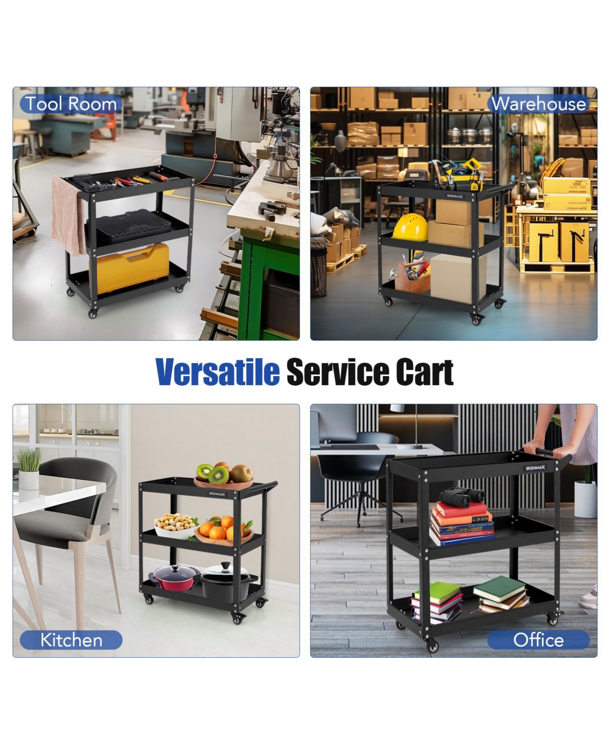 Slickblue 3-Tier Rolling Tool Cart with Spacious Shelves 4 Universal Wheels and 2 Brakes