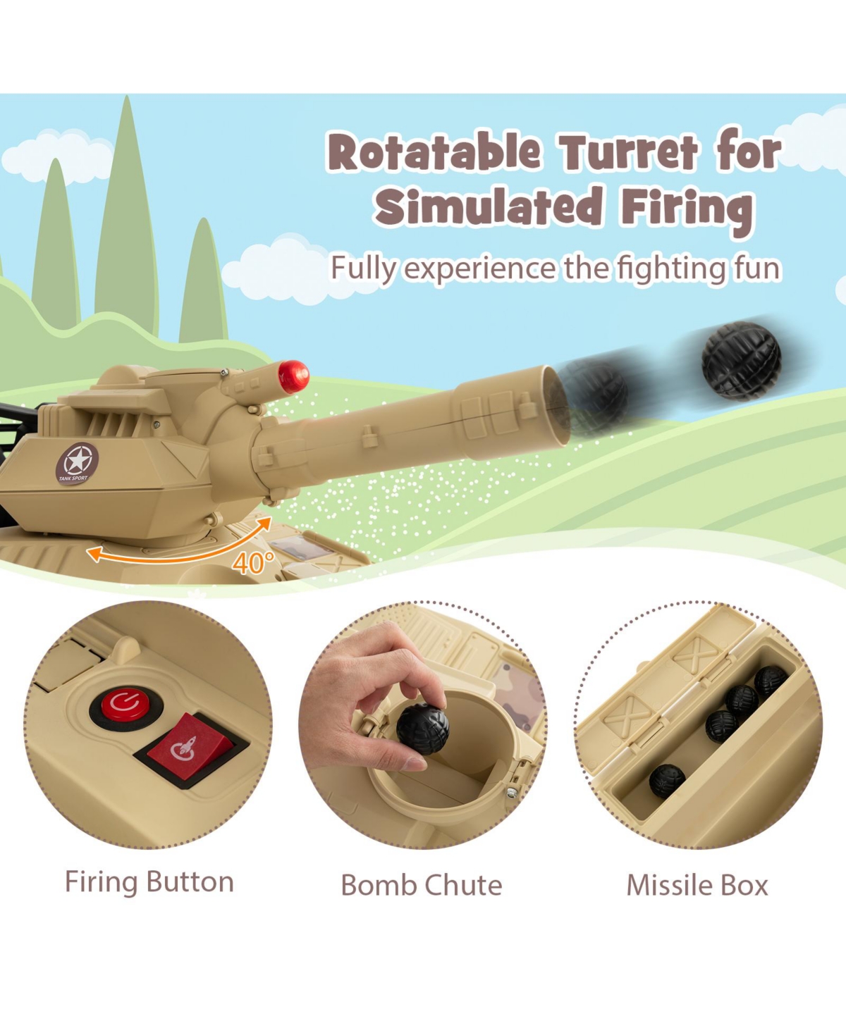 Slickblue 12V Electric Kids Ride On Tank with Rotatable Turret and 8 Missiles for Kids Aged 37-95 Months Old-Khaki