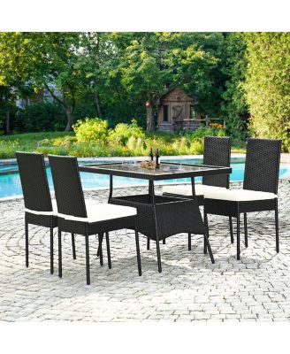 5 Pieces Rattan Dining Set with Glass Table and High Back Chair
