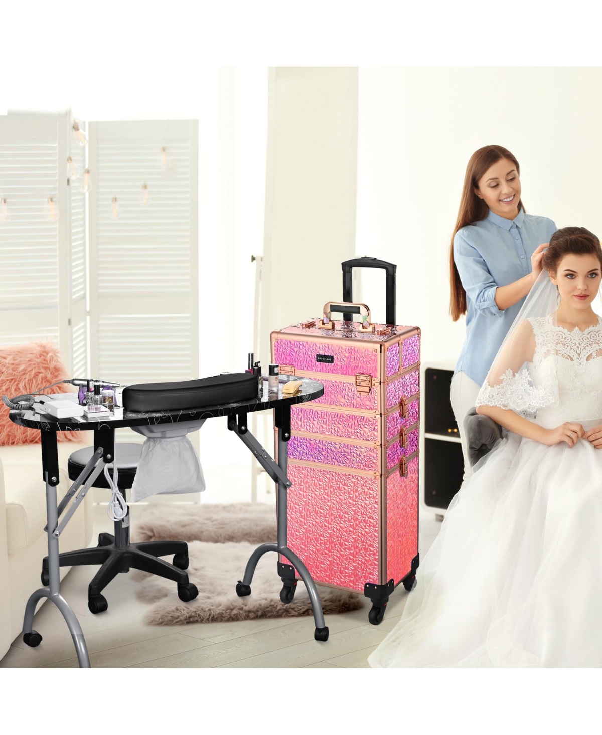 Byootique 4in1 Rolling Makeup Train Case w/ Manicure Table Nail Desk Wheels