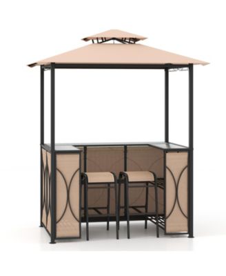 3-Piece Patio Bar Set Grill Gazebo & 2 Bar Stools with Tempered Glass Bar Table