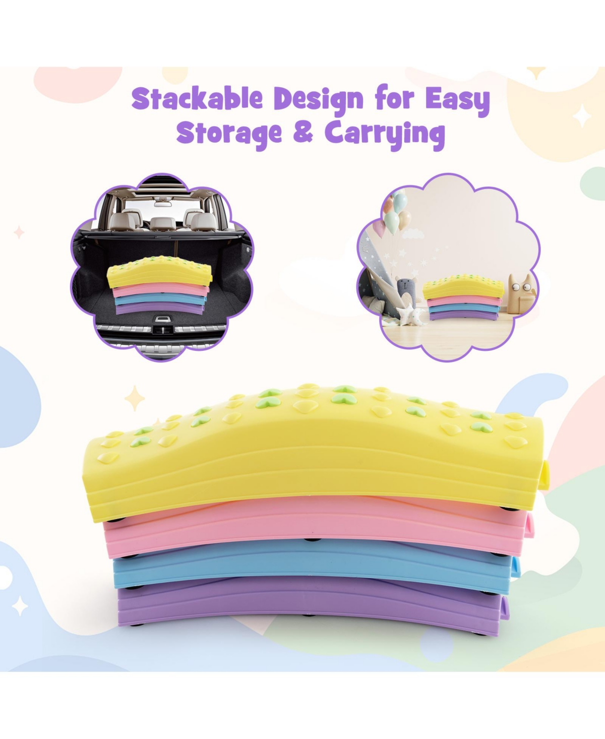 Slickblue Colorful Kids Wavy Balance Beam with Textured Surface and Non-slip Foot Pads - Pink  purple