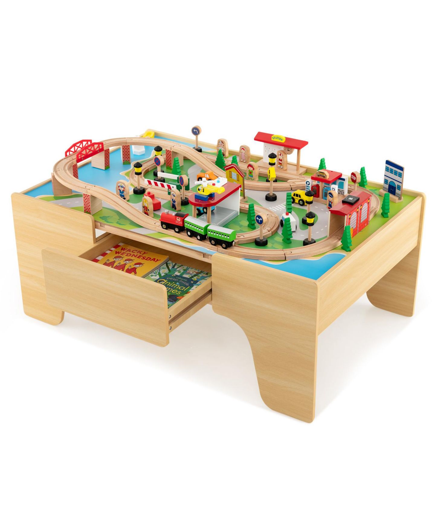 Детский конструктор Slickblue 84-Piece Wooden Train Building Set, Ages 3+, цвет: Натуральный — фото 1