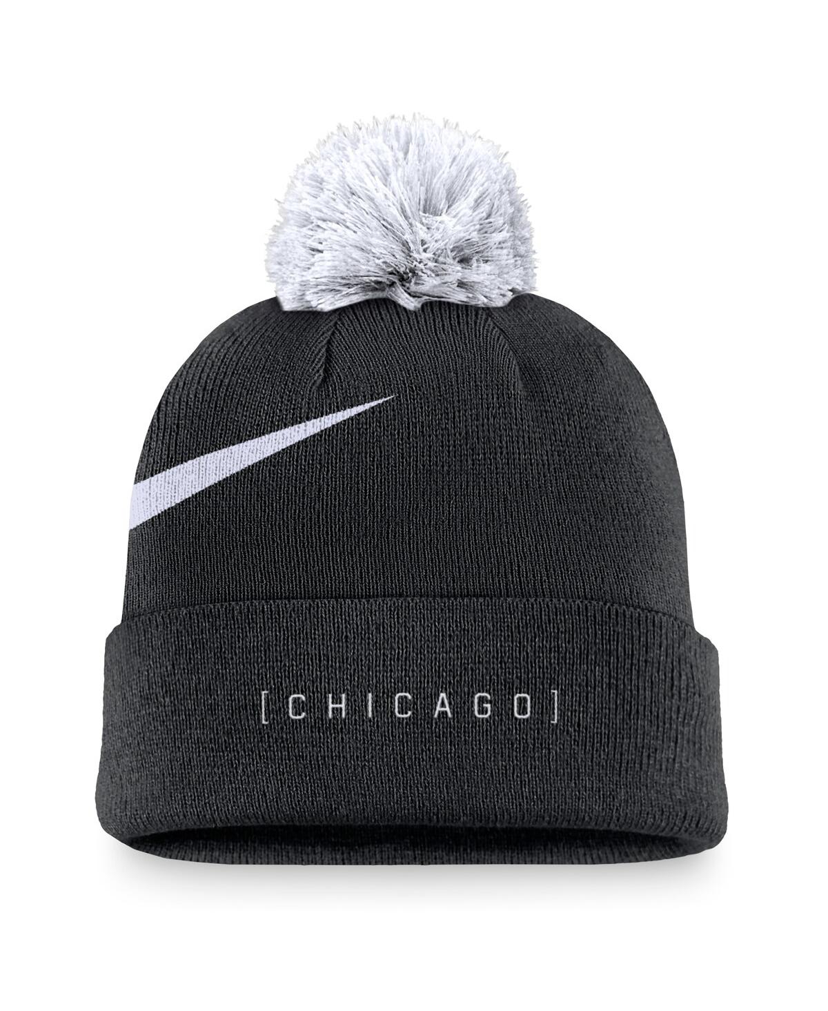 Nike Men'sChicago White Sox Swoosh Peak Cuffed Knit Hat with Pom - Black