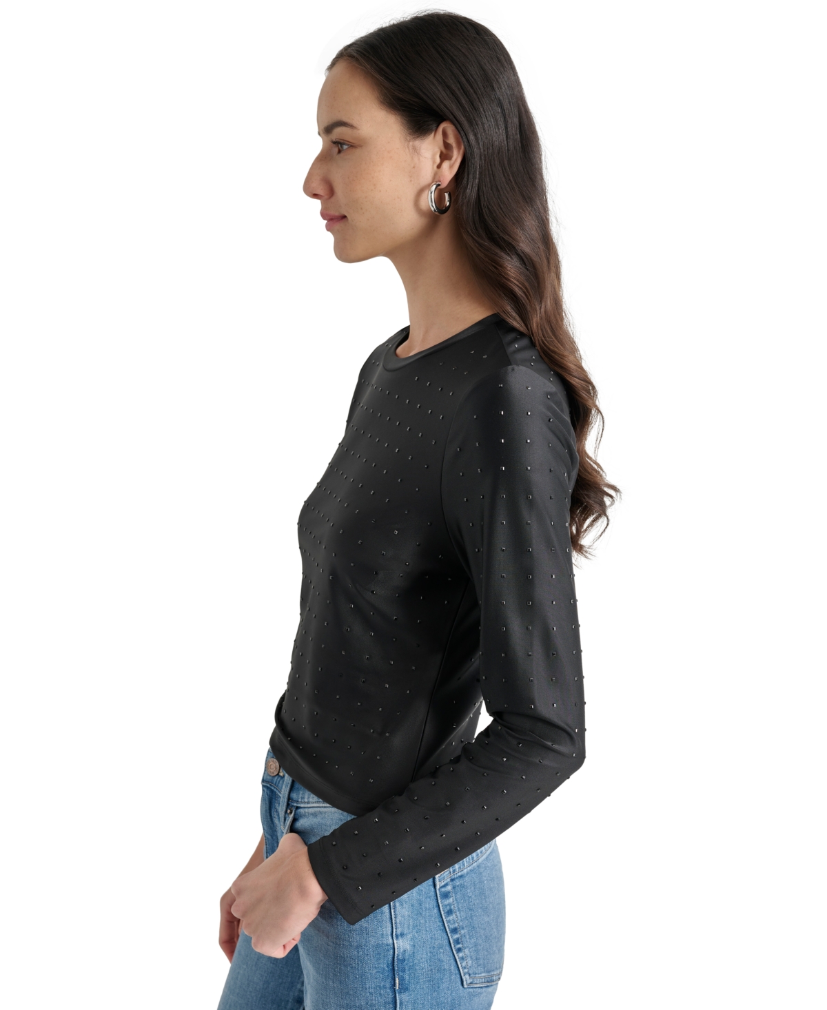 Dkny Jeans Women's Studded Crewneck Long-Sleeve Top - Blk - Black