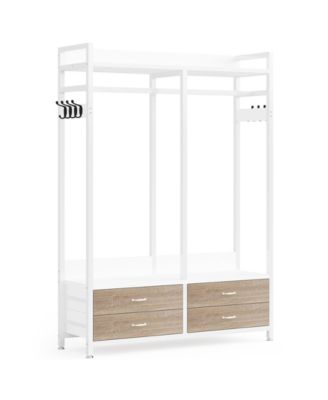 Freestanding Closet Organizer for Hanging Clothes, Heavy Duty Garment Rack with 4 Drawers, 8 Hooks and Storage Shelves
