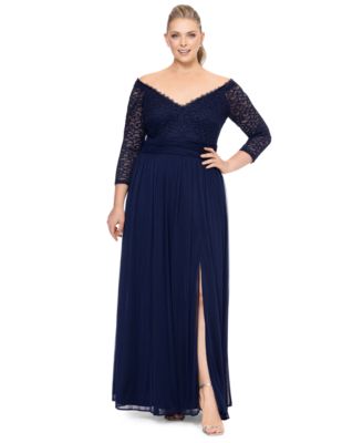 B&A By Betsy and Adam - Plus Size Lace Off-The-Shoulder 3/4-Sleeve Gown