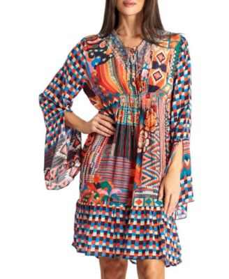 knee length dresses for ladies Buffalo Jeans Women's Darya Boho-Print Long-Sleeve Tiered Short Dress, Paisley main image 1