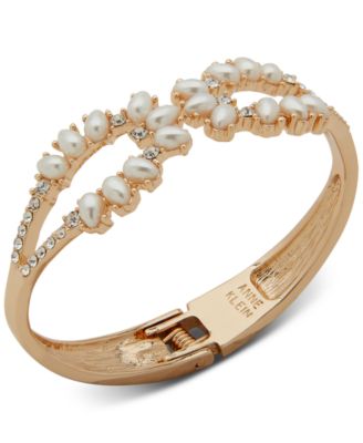 Anne Klein - Gold-Tone Imitation Pearl Crystal Open Stone Hinge Bracelet