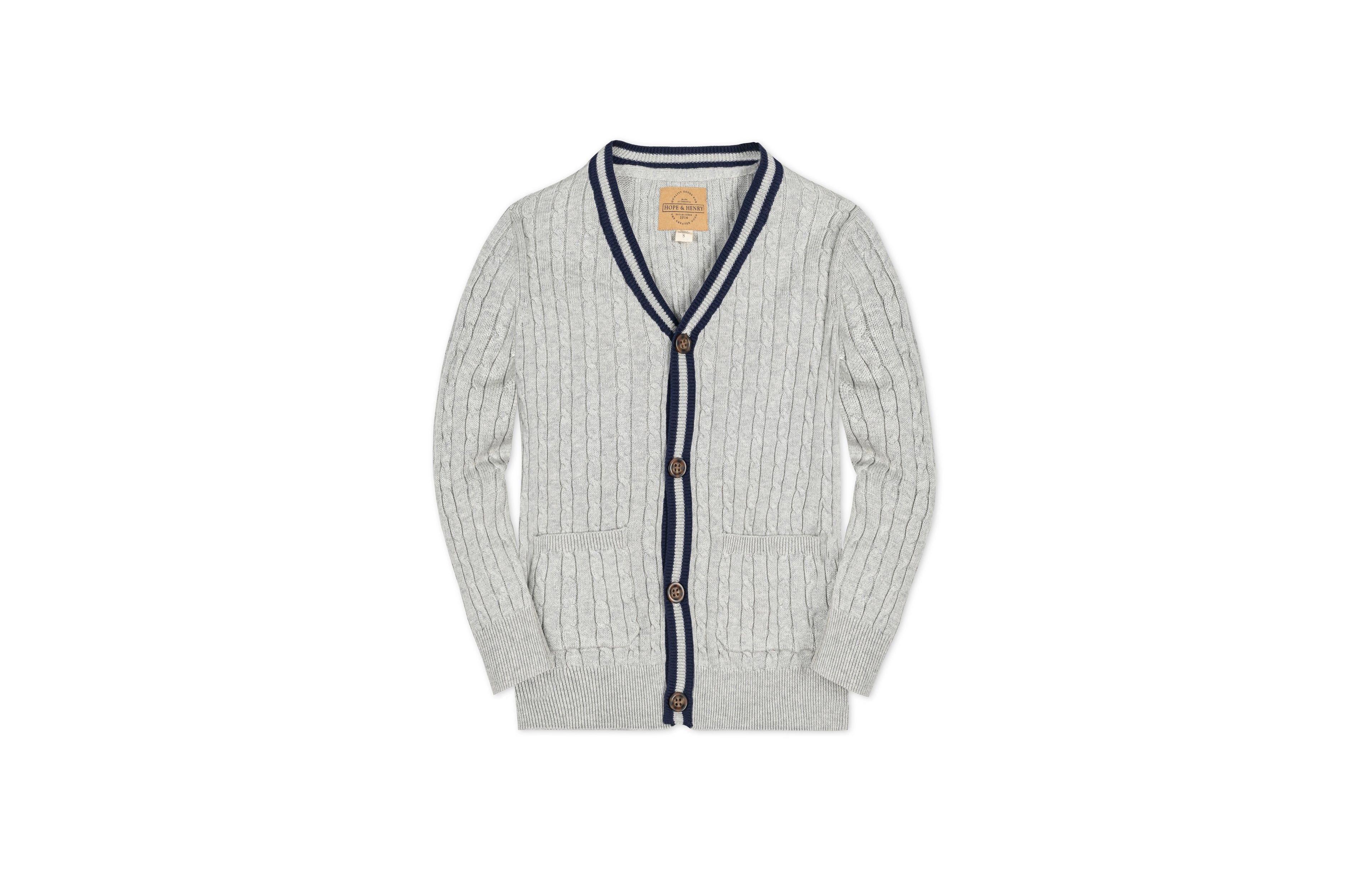 Hope & Henry Baby Boys Long Sleeve Cable Knit Cardigan Sweater with Stripe Trim