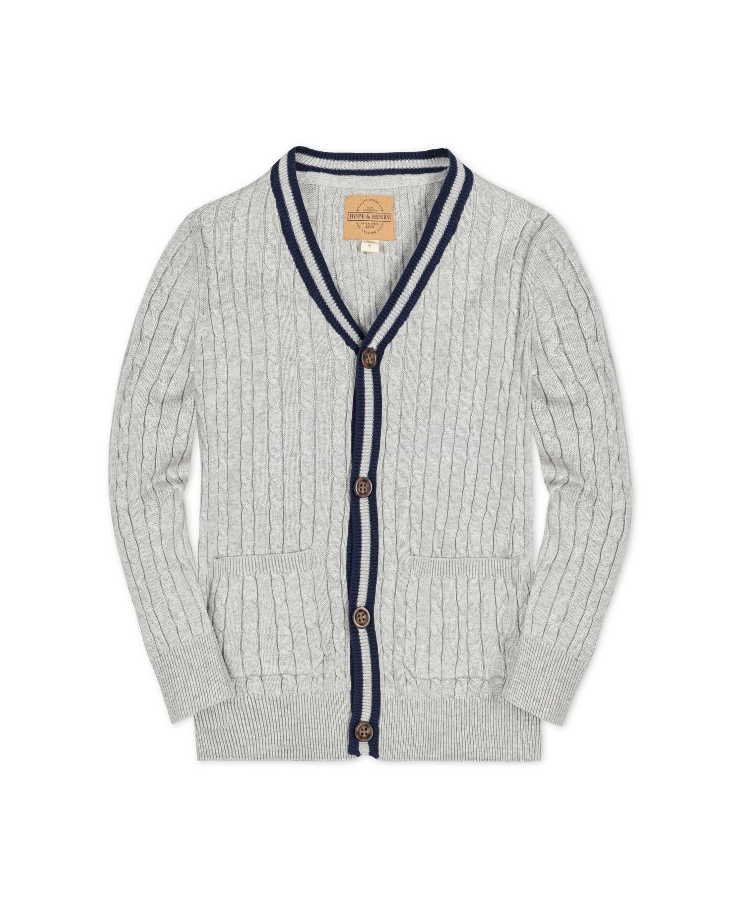 Baby Boys Hope and Henry Long Sleeve Cable Knit Cardigan Sweater with Stripe Trim