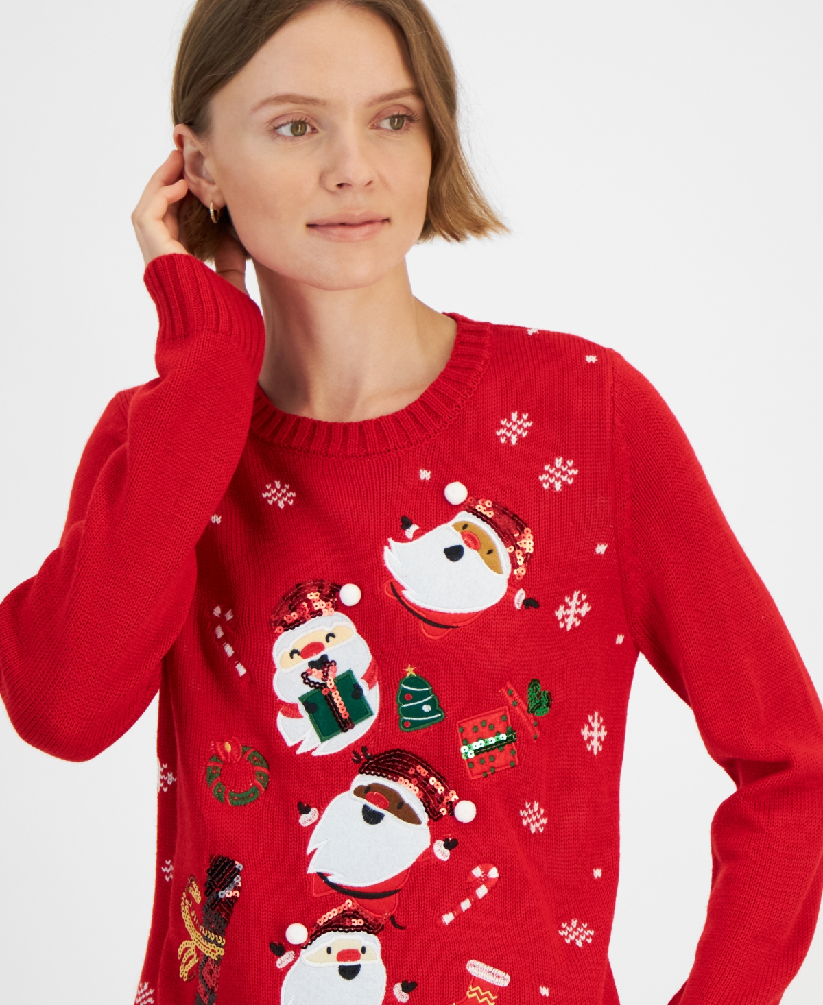 Holiday Lane Women's Santa Surprise Sequined Sweater, Created for Macy's