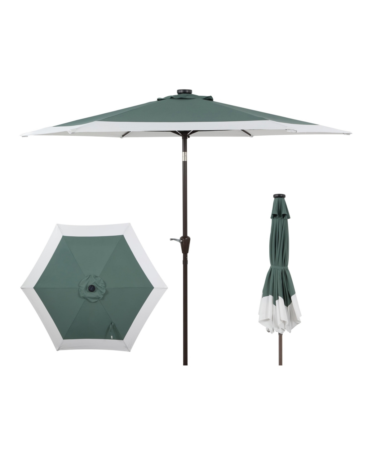 9ft 2-Tone Solar Led Patio Umbrella, 12 LEDs, Auto-Tilt, Crank, Uv Protection - Green/white