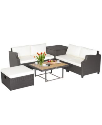 7 Pieces Hand-Woven Wicker Outdoor Furniture Set with Acacia Wood Coffee Table-White