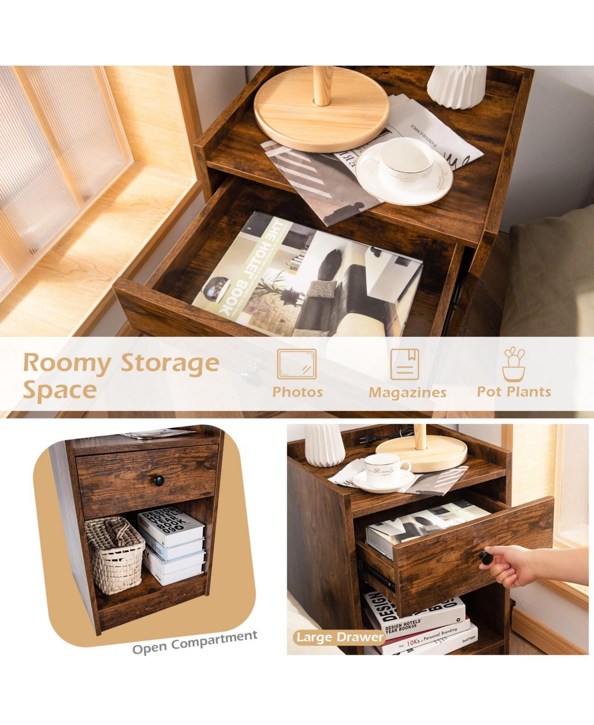 Set of 2 Nightstand with Drawer Cabinet End Side Table Raised Top