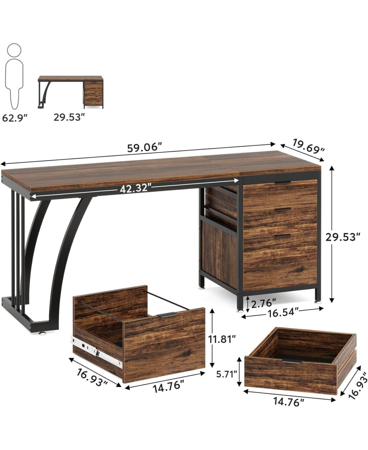 Tribesigns 59 Inch Computer Desk with 3 Drawers, Industrial Pc Study Writing Table Workstation File Storage, Home Office Desks