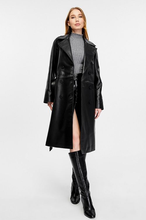 alfani Furniq UK Women's Leather Trench Coat Black Women's Fashion Shoes & Accessories