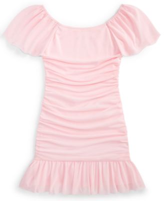 Big Girls Ruched Flutter-Sleeve Mesh Dress