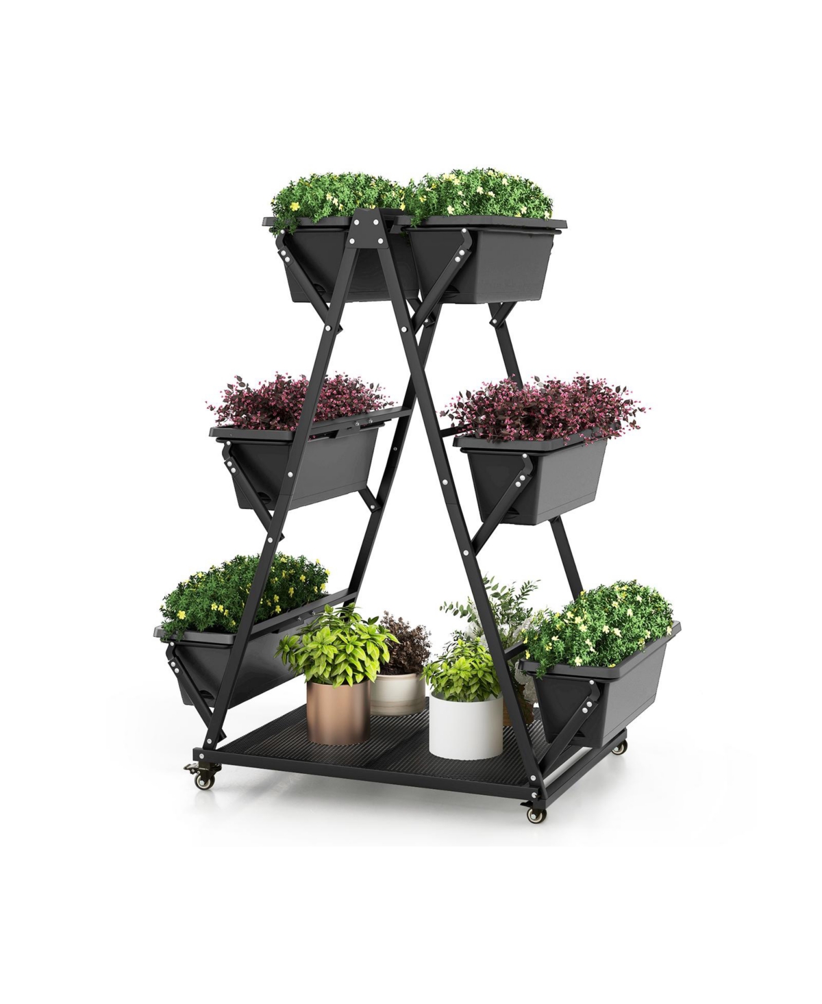 3-Tier Vertical Raised Garden Bed with 4 Wheels and 6 Container Boxes - Black