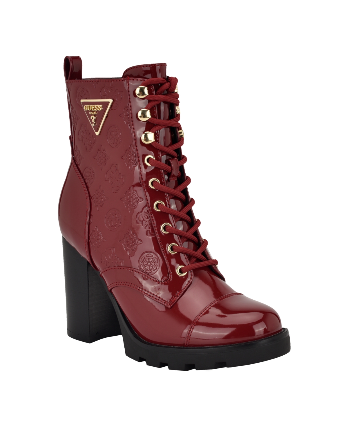 Guess Women s Neadyn Heeled Lug Sole Lace Up Hiker Booties Red Patent Logo Smart Closet