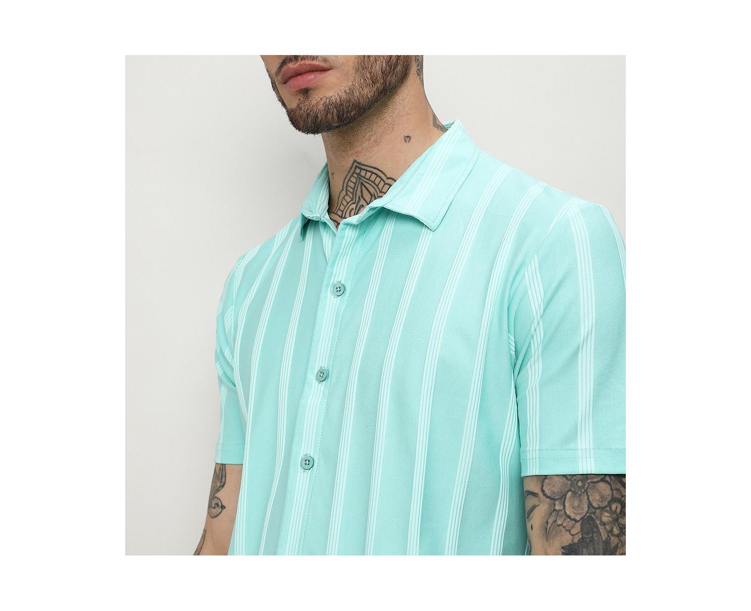 Men's Aqua Blue Unbalanced Striped Shirt