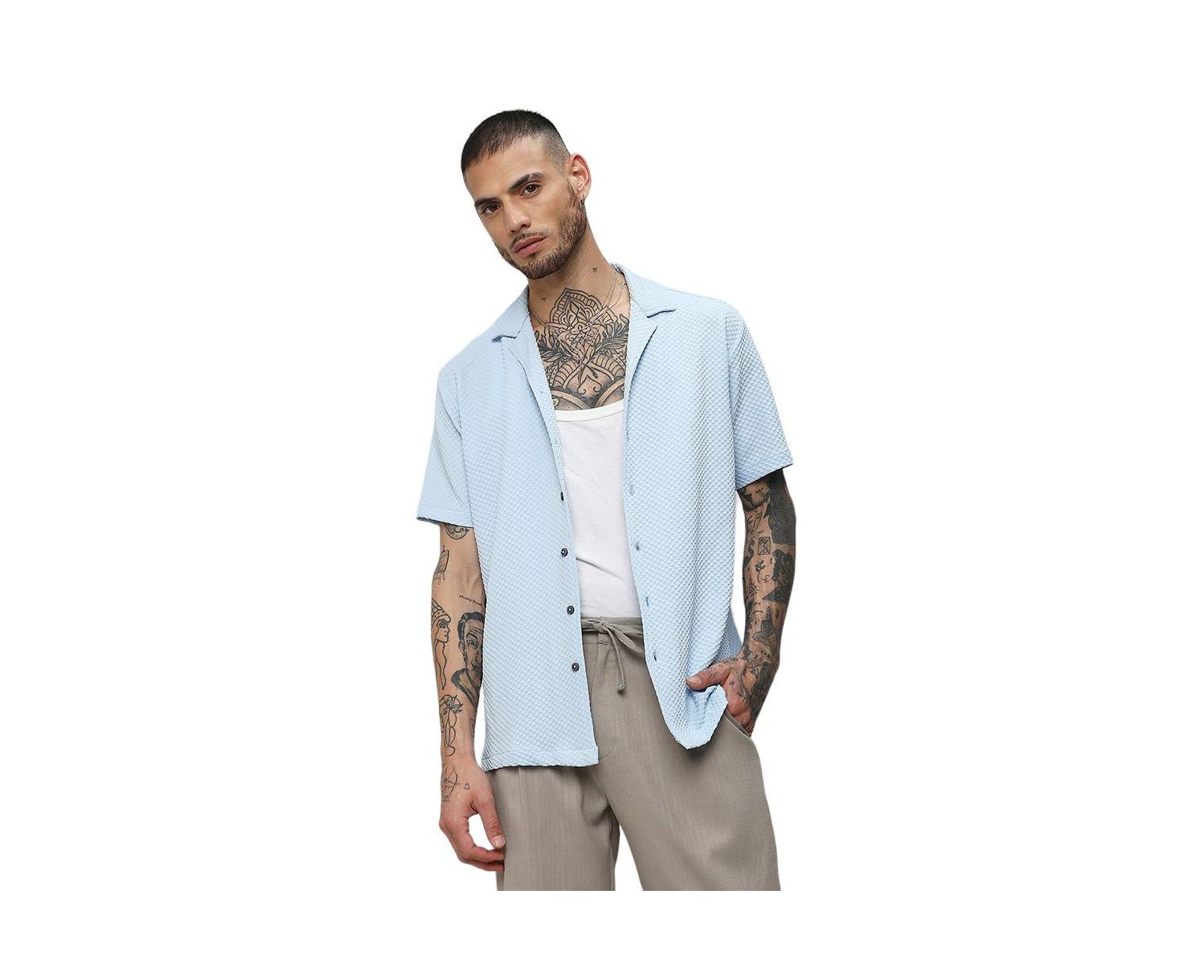 Men's Light Blue Self-Design Block Shirt