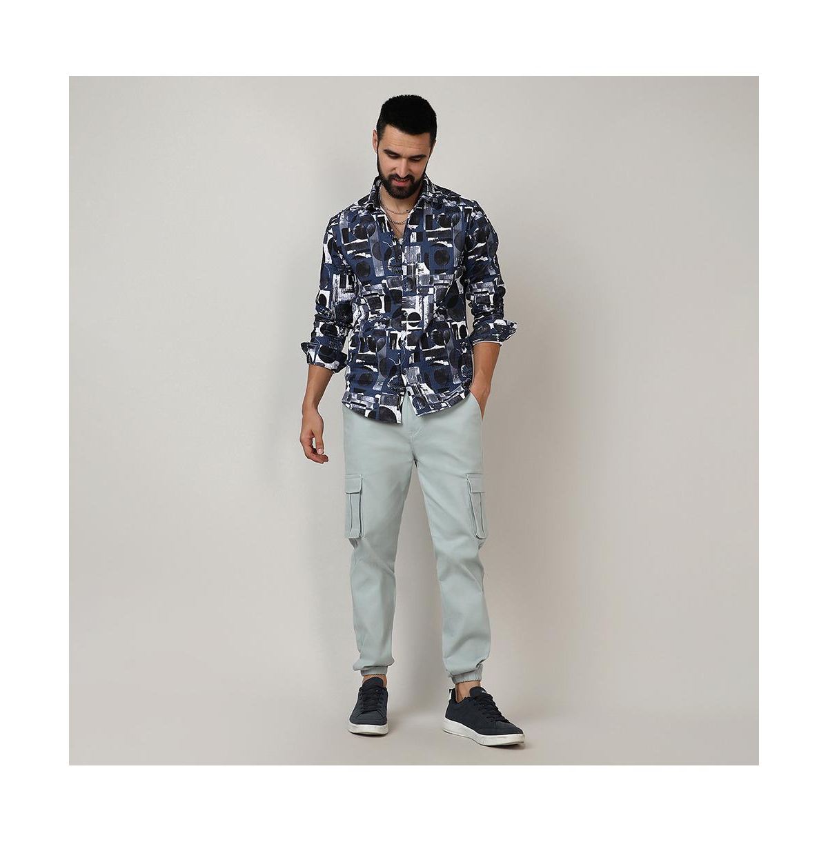 Campus Sutra Men's Navy& Midnight Black Abstract Geometric Shirt - Blue
