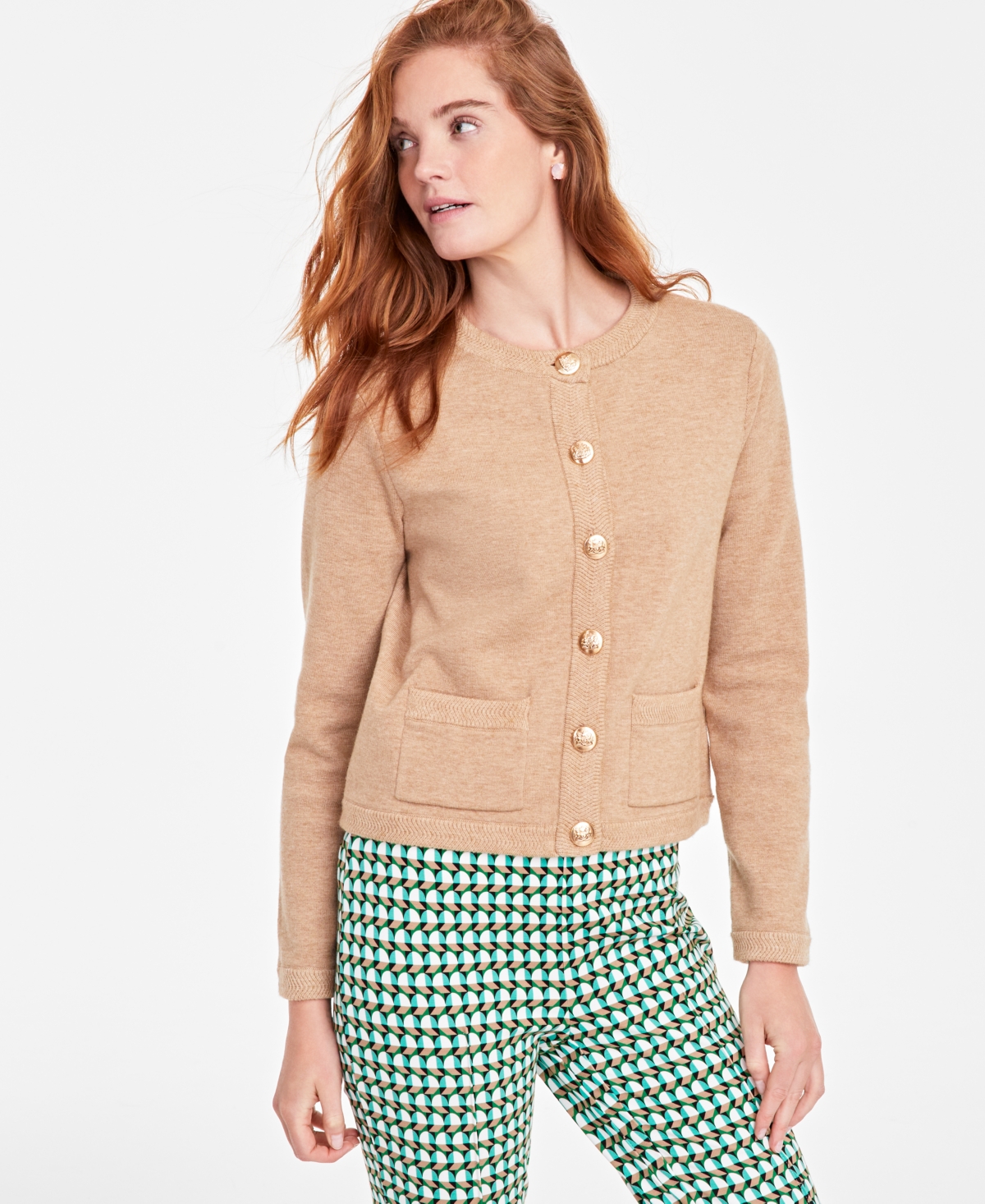 On 34th Women's Milano Crewneck Cardigan, Created For Macy's In Warm Camel Heather