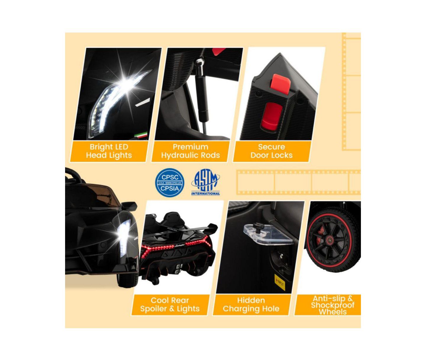 Детская игрушка VEBREDA 12V Licensed Lamborghini 4WD Kids Ride-on Sports Car with 2.4G Remote, цвет: Чёрный — фото 5
