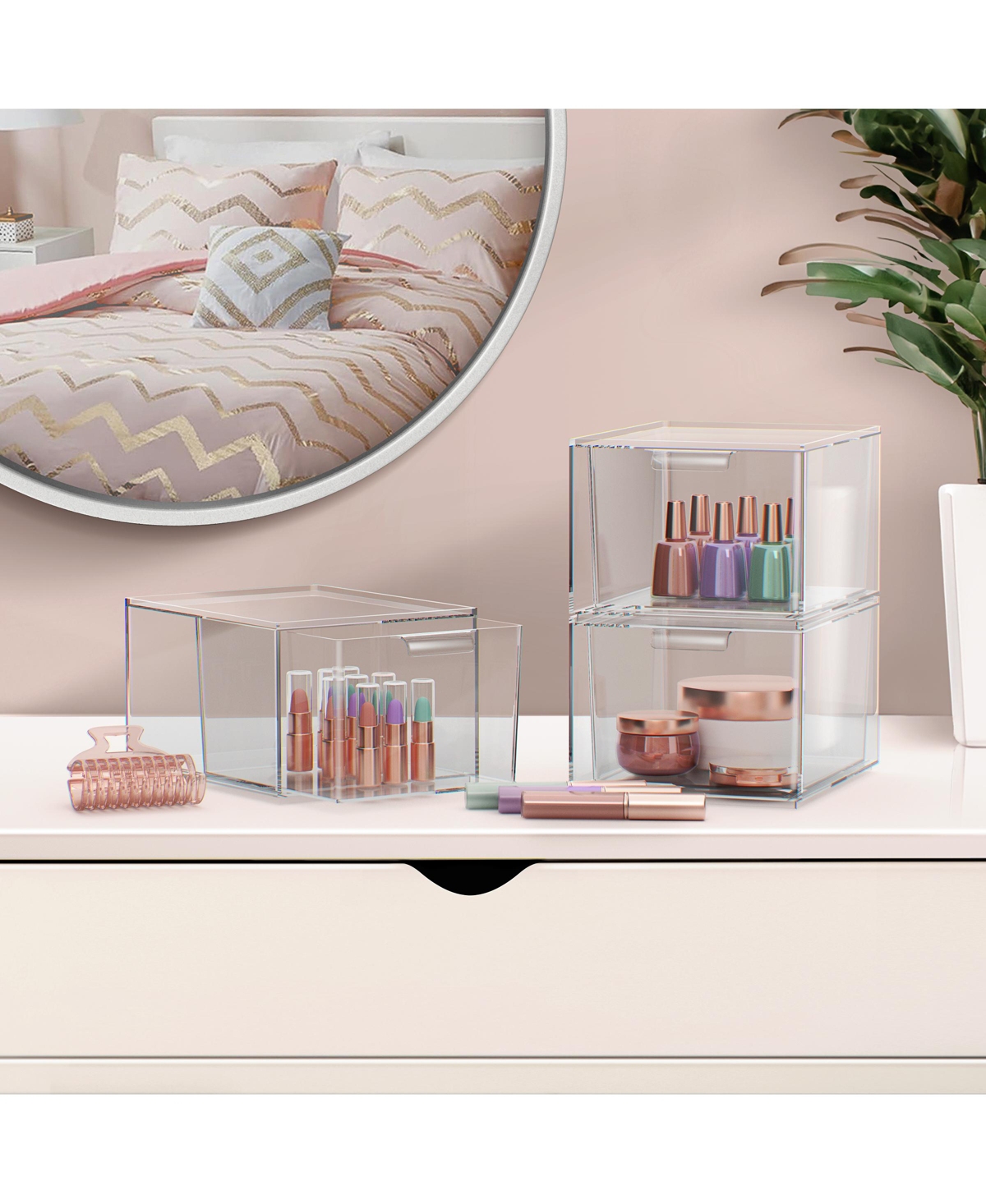 Sorbus 4 PackStackable Acrylic Drawer Makeup Organizers - for Vanity, Bathroom, Under Sink, Cabinets, Jewelry, and More - Clear