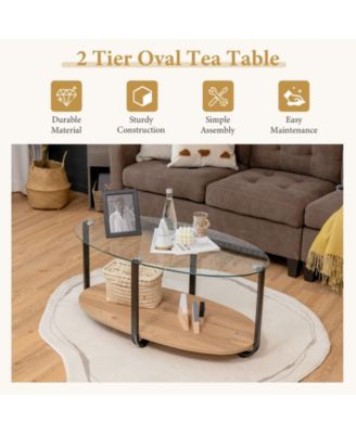 2-Tier Glass-Top Oval Coffee Table with Wooden Shelf for Living Room