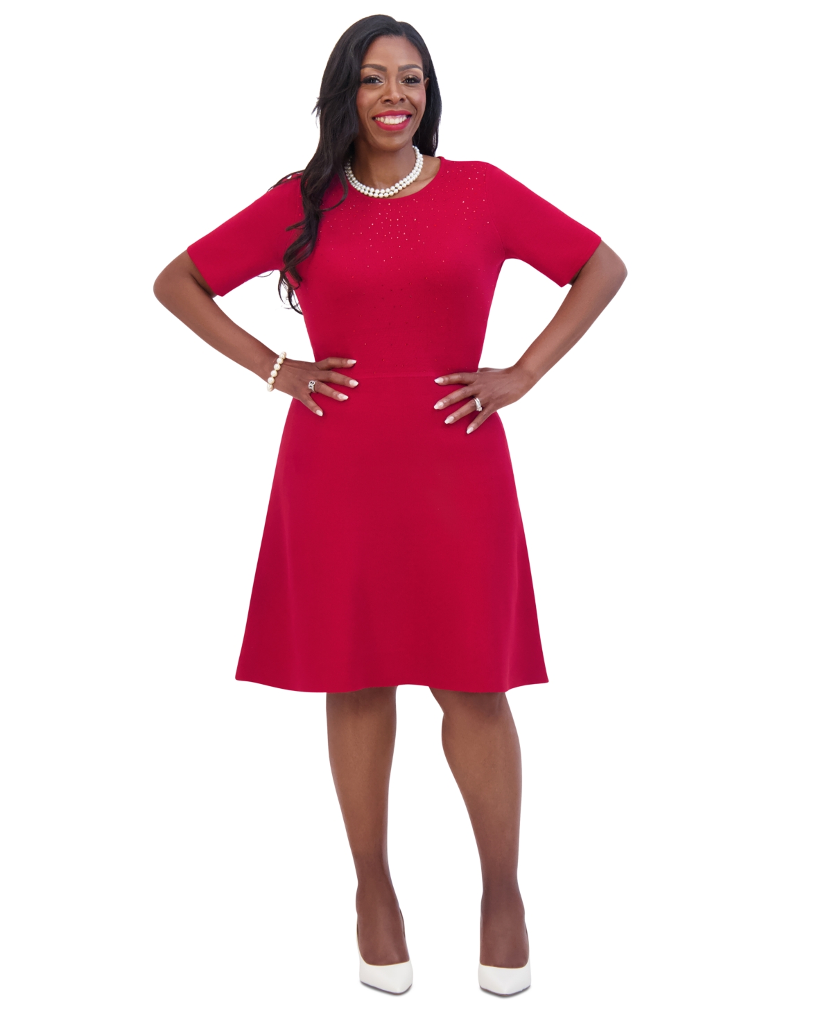 Kasper Women s Embellished Short Sleeve Fit Flare Dress Crimson Smart Closet