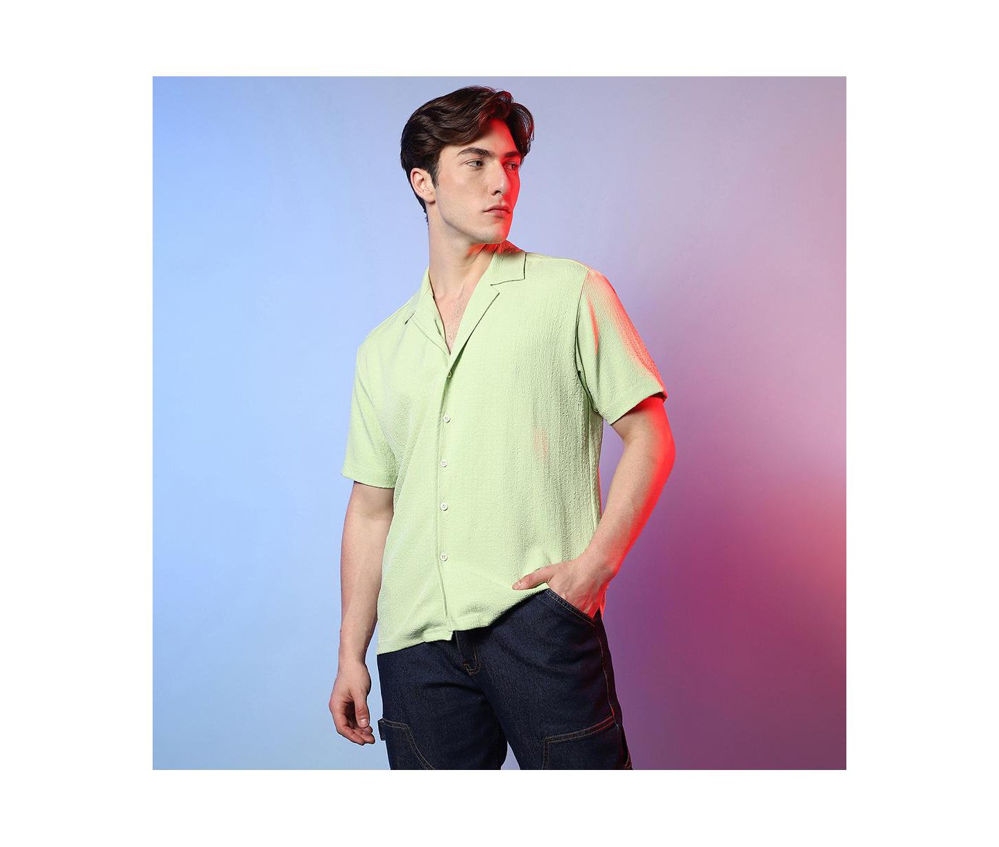 Мужская рубашка Cahoot Lime Green Self-Design Creased Box, цвет: Зелёный — фото 3